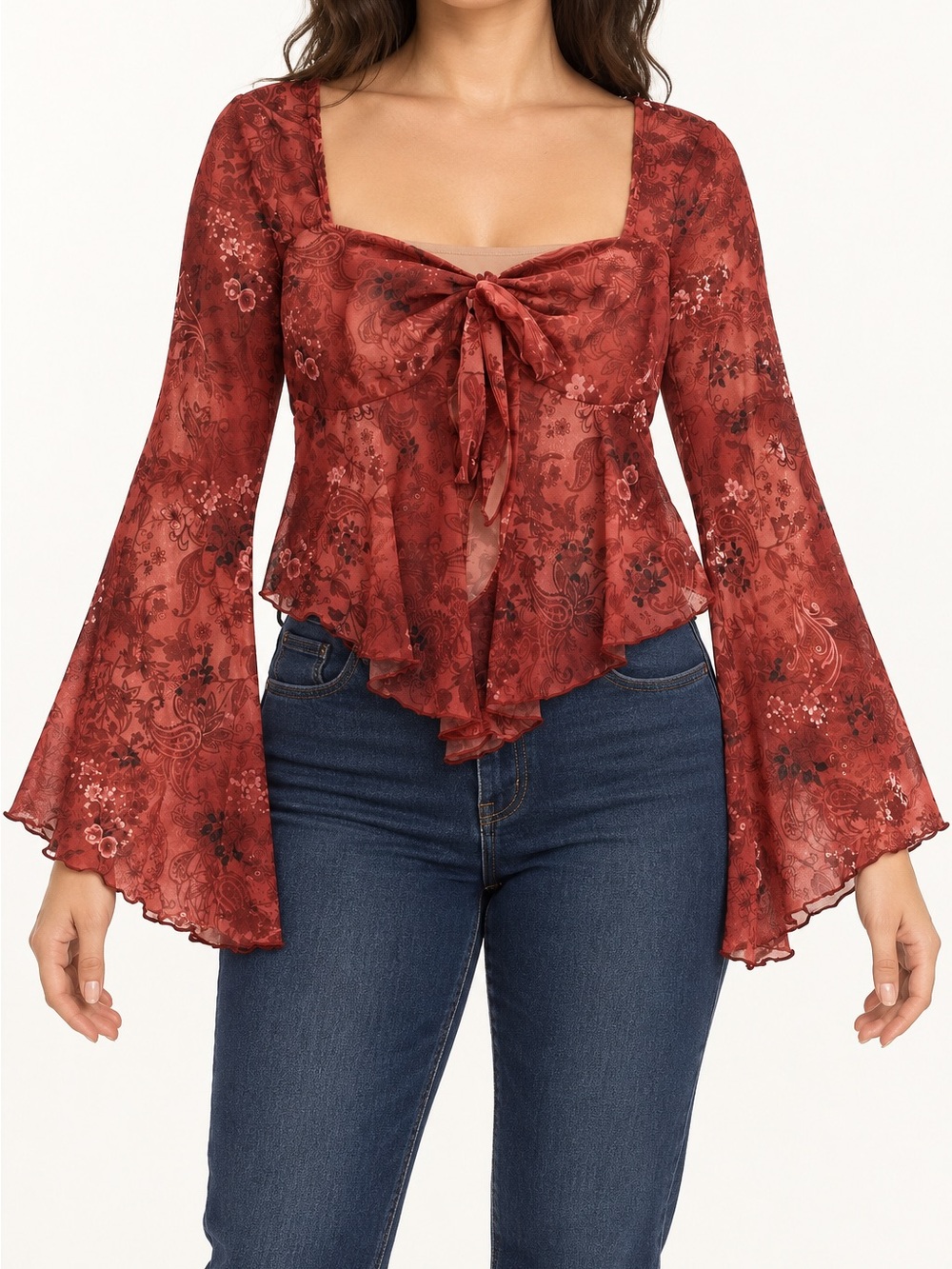 Women’s Rust Floral Tie-Front Peplum Top
